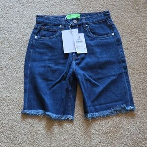Sandrine Rose Free People Denim Frayed Hem Jean Shorts Indigo High Waist Sz 27